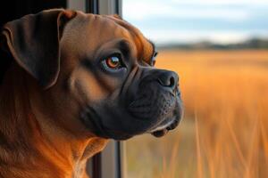 Brown boxer dog looking out of a car window at a beautiful golden field, enjoying the scenery on national puppy day copy space photo