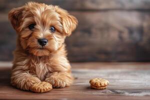 Healthy puppy treats on a rustic wooden background with space for your message photo
