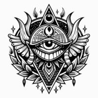 Mystical All Seeing Eye in Ornate Geometric Design with Wings and Leaves vector