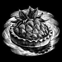 A black and white drawing of a strawberry pie with a strawberry on top vector