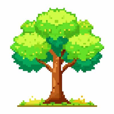 Pixel Art Tree with Green Leaves Isolated on White Background Retro Game Graphic