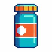 Retro Pixel Art Medicine Bottle Icon with Orange Label in 8 Bit Style vector
