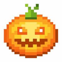 Pixelated Smiling Pumpkin Icon with Green Stem for Halloween and Fall Themes vector