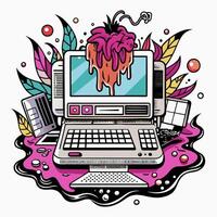 Retro Computer Illustration with Melting Heart and Colorful Abstract Elements vector