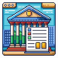 Retro Pixel Art Illustration of a Bank Building with Columns and Financial Document vector