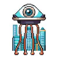 retro pixel art eye robot with skyscrapers futuristic technology cityscape, sci fi design vector