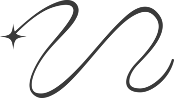 Swirl line with stars. Curved flourish tails of comet. Decorative Y2k scroll and stroke. Wavy simple swish with falling and flying sparkle png