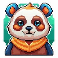 Pixel Art Cute Panda Bear Character Icon with Scarf in a Pixelated Forest Background vector