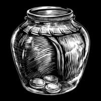 Hand Drawn Vintage Jar with Coins Black and White Illustration vector