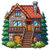 Charming Rustic Cabin with Stone Walls and Red Roof Surrounded by Trees vector