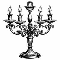 Intricately Detailed Vintage Candelabra with Five Lit Candles in Black and White Illustration vector