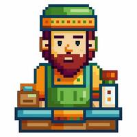 Pixelated Store Clerk Standing Behind Counter with Groceries vector