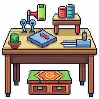 Retro Pixel Art Workspace with Books, Lamp, and Accessories on Wooden Desk vector
