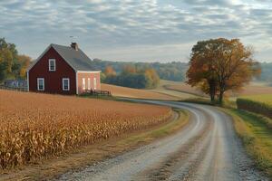 Gravel road curving among golden cornfields, passing rustic red farmhouse framed by autumn colors during agricultural harvest season photo