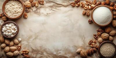 Scattered nuts, semolina, sugar forming culinary frame on rustic surface eid baking preparation copy space Uraza Bayram photo