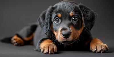 Black and tan puppy resting on dark gray studio backdrop, displaying irresistible cuteness and playful demeanor photo
