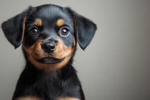 Cute puppy sitting alertly, gazing forward with soft fur and bright eyes, representing youthful canine charm on neutral backdrop copy space photo