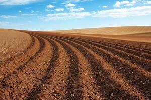 Agricultural landscape revealing red soil furrows, creating undulating pattern through plowing, marking farming productivity photo