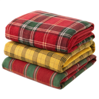 Cozy plaid blanket stack warmth and comfort on transparent background png