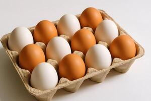 Carton of white and brown eggs arranged in rows on white background, fresh organic eggs for cooking, baking, and nutritious meals photo