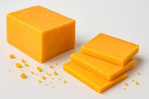 Block and slices of sharp cheddar cheese with crumbs on white background, classic dairy product for cooking, snacking, or pairing photo