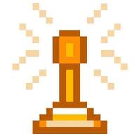 Pixelated golden trophy emitting rays of success and achievement in retro 8 bit vector
