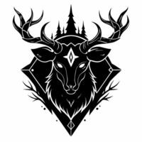 Stylized Geometric Deer Head with Antlers and Forest Elements in Black and White vector