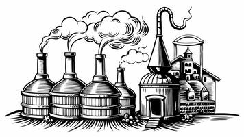 Steampunk Brewery Illustration with Industrial Chimneys and Distilleries in Vintage Style vector