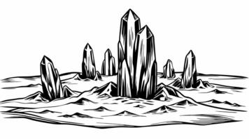 Monochrome Illustration of Sharp Geometric Crystal Formations on a Rocky Surface vector