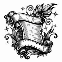 A black and white drawing of a scroll with a leafy border vector