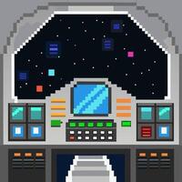 Retro Pixel Art Spaceship Cockpit with Starry Space View vector