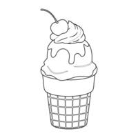 Ice cream doodle style isolated. Hand drawn line art style coloring page. Ice cream in a waffle cone with cherries. illustration vector