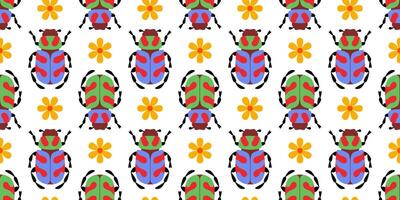 Seamless pattern with colorful stylized beetles and flowers on white background. Flat style. Ideal for youthful and childrens themes, textiles, nursery decor, wrapping paper, stationery. vector