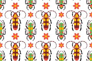 Seamless pattern with colorful stylized beetles and flowers on white background. Flat style. Ideal for youthful and childrens themes, textiles, nursery decor, wrapping paper vector