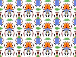 Seamless pattern with colorful stylized beetles and green leaves on white background. Flat style. Ideal for youthful and childrens themes, textiles, nursery decor, wrapping paper, stationery. vector