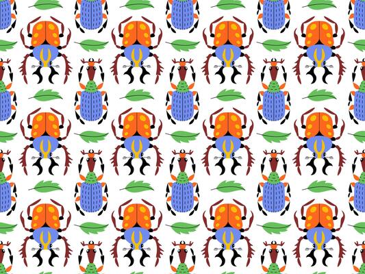 Seamless pattern with colorful stylized beetles and green leaves on white background. Flat style. Ideal for youthful and childrens themes, textiles, nursery decor, wrapping paper, stationery.