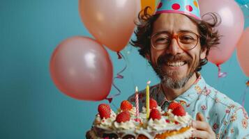 happy mHappy birthday advertisement concept.an with cake, photo