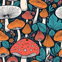 Vibrant Mushroom and Leaf Pattern Autumn Forest Design vector