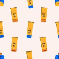 Sunscreen seamless pattern. Various SPF levels on a cream tubes. Sunblock, skin protection and UV rays blocking. Perfect for summer-themed projects, young products, and beach related designs. vector