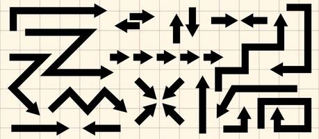 Bold black arrow set with sharp angles, straight lines, and dynamic directions on a grid background. Ideal for infographics, UX UI design, navigation, and modern graphic projects. vector