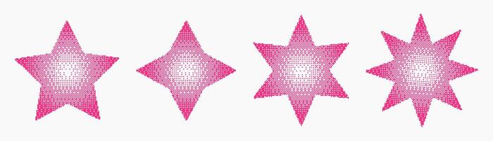 Set of pink pixelated stars in bitmap style. Y2K aesthetic elements for digital art, stickers, and trendy graphic design. Perfect for retro, cyber, and pop culture projects. vector