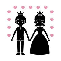 Cartoon Prince and Princess Silhouette Holding Hands Marriage Ceremony with Hearts Illustration vector