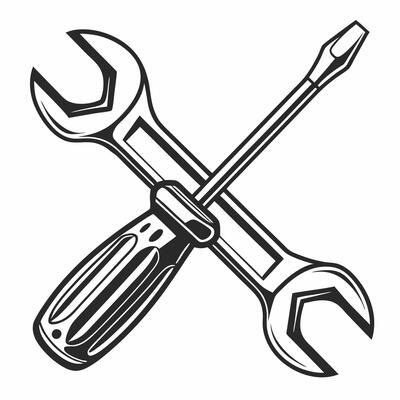 Crossed wrench and screwdriver icon in black and white. Ideal for repair, maintenance, and DIY themes. Clean symbol for logos, apps, and automotive projects.