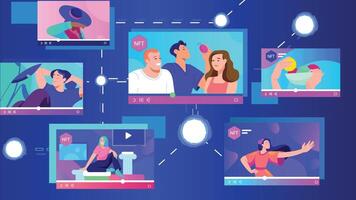 Group of diverse female And men enjoy online meeting or web communication vector