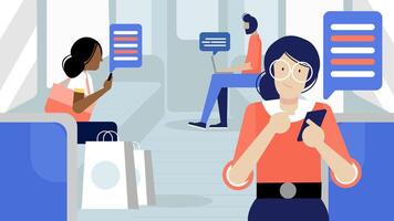 Commuters Engaged with Technology in Public Transport Scene vector