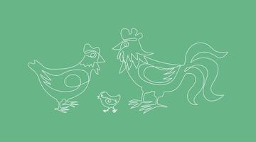 Rooster, hen and chicken. Line art drawing. Set of poultry, family. Animals and birds on the farm. Graphic design modern continuous line drawing vector