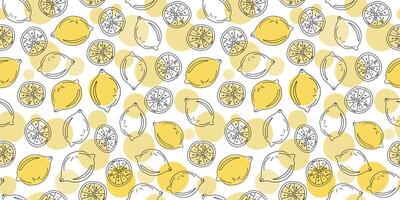 Lemon, slice, citrus fruit. Pattern hand drawn fruit. Doodle line icons, sketch. Seamless background. vector
