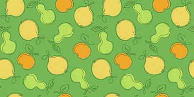 Lemon, apple, pear. Line art, drawing. Abstract fruit pattern. Natural vegetarian food. Seamless background. vector