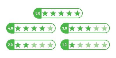 Green product review 5 to 1 stars business element icons. feedback, and ratings. set of five green stars for customer reviews, use for apps and websites. vector