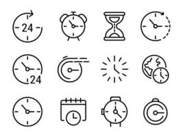 Time and clock line icons set. Containing clock, stopwatch, hourglass and watch icon, speed clock symbol more. vector